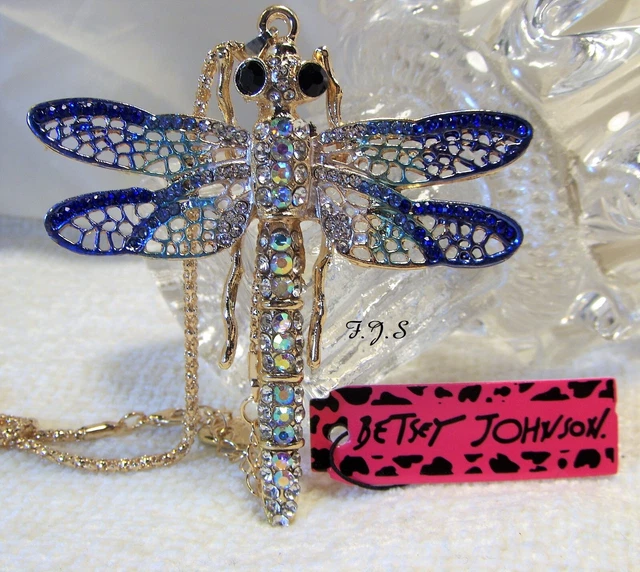 Betsey Johnson Necklace-Retro-Huge Blue Dragonfly Rhinestone Bling Pendant-NWT