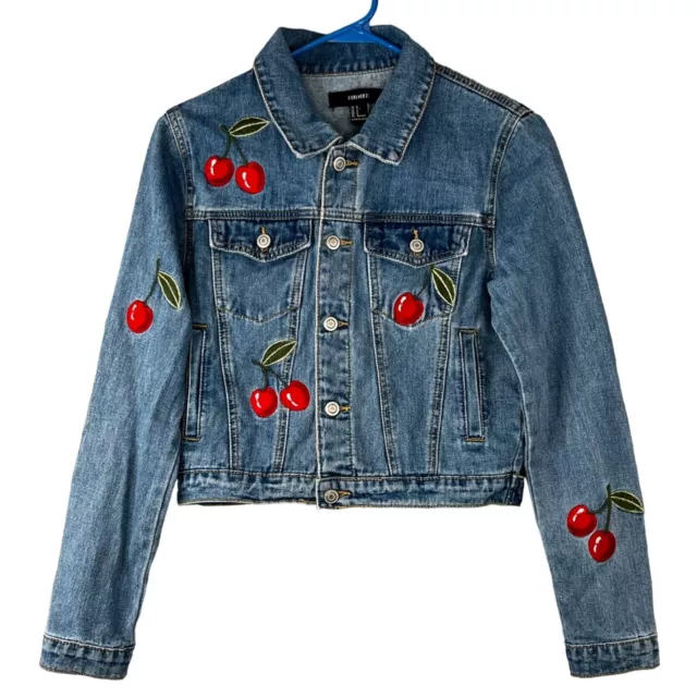 Forever 21 Jean Jacket Cherry Embroidered size S Denim Blue Button Up Cropped