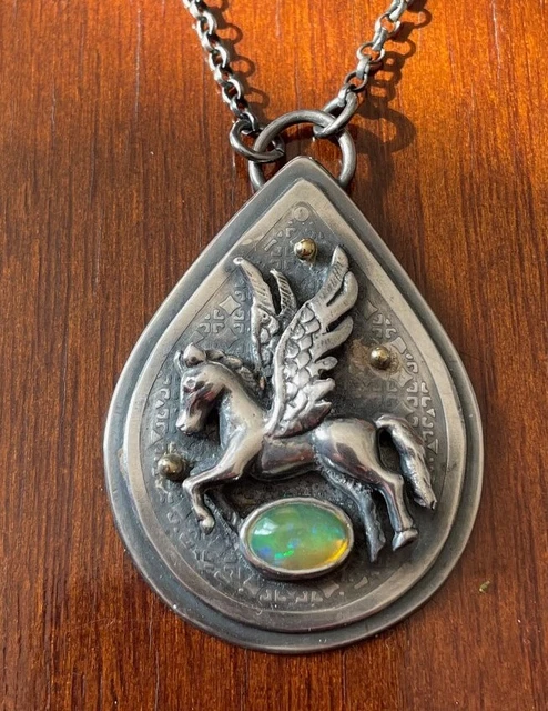 925 Sterling Silver Artisan Pendant Pegasus Welo Opal Sabine Sjostrand Denmark