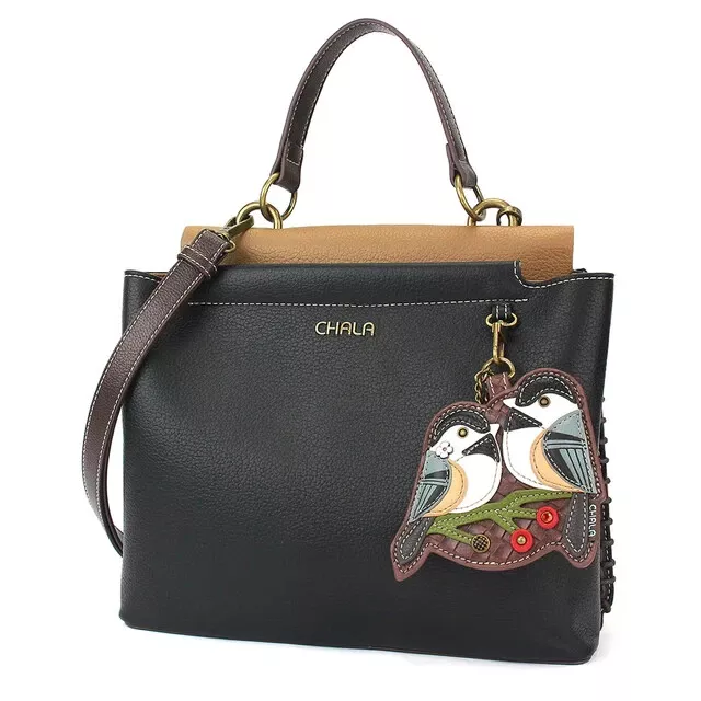 NEW Chala Converts Satchel Crossbody Tote Black Vegan CHICKADEE Coin Purse Bird