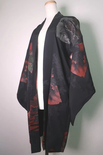 8530F4 Silk Vintage Japanese Kimono Haori Jacket Tachibana Paulownia Urushi