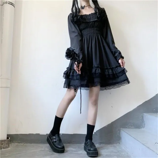 Women Lace Velvet Dress Short Puff Sleeve Retro Gothic Lolita