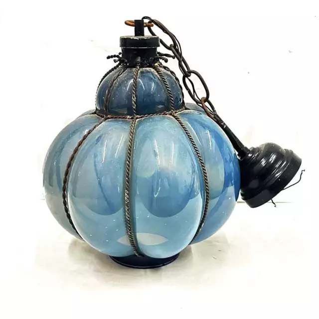 Vintage Murano Style Blue Blown Glass Cage Pendant Light