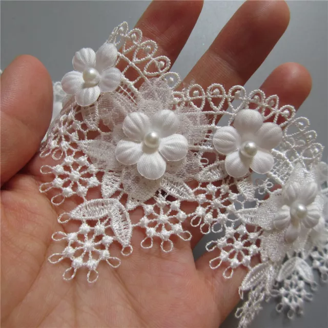 1 yd Scallop Flower Beaded Embroidered Trim Lace Ribbon For Sewing Wedding Dress