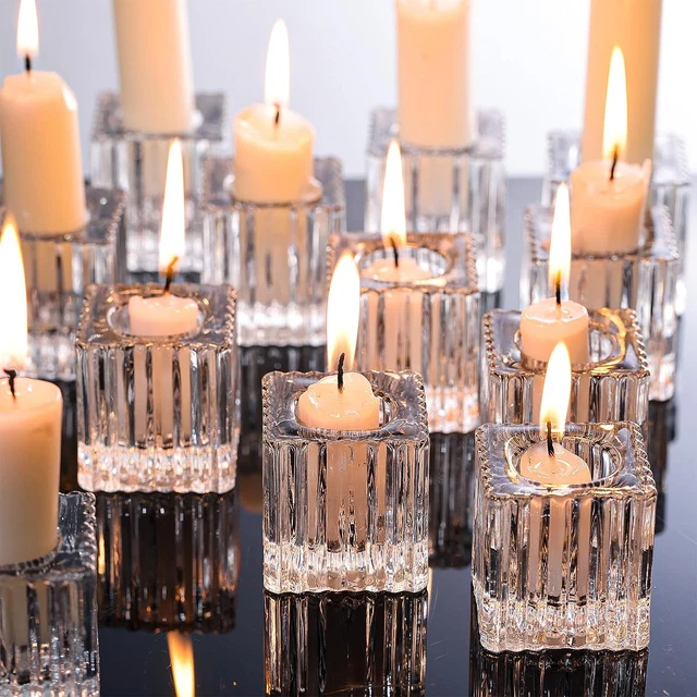 Candlestick Holders, 12PCS Crystal Clear Glass Candle Holders for Tea Lights, T