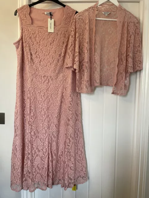 Nightingales Ladies Pink Lace Midi Dress And Shrug Uk Size 18 Bnwt