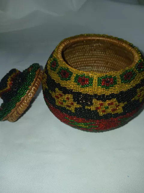 Vintage Hand Woven Glass Beaded Basket with Lid Indonesian