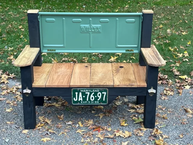 Jeep Willys tailgate bench.  Hand made with reclaimed barn wood on seat.  