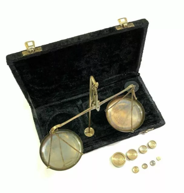 Nautical Brass Jewellery Balance Scale with Velvet Box & Complete Weight Decor