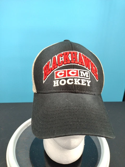 CCM Chicago Blakhawks Hat Black White Mesh Logo Patch Hockey Embroidered Trucker