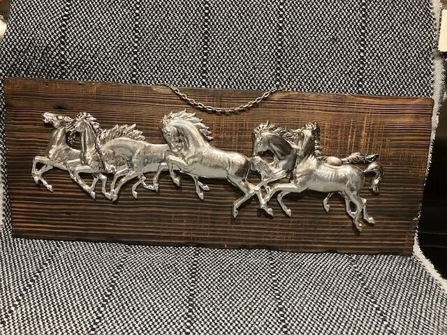 Vintage Aluminum 3-D Horses Wall Decor Plaque Sculpture on Wood Board