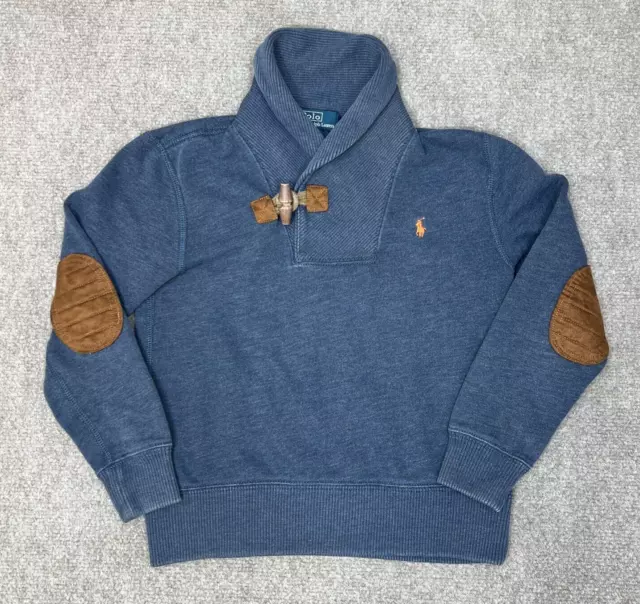 Polo Ralph Lauren Sweater Boys Size 6 Blue Elbow Patches Shawl Neck Toggle Kids