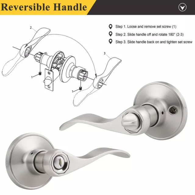 4sets Brushed Nickel Door Knob Privacy Lever for Bedroom Bathroom Keyless Handle 3