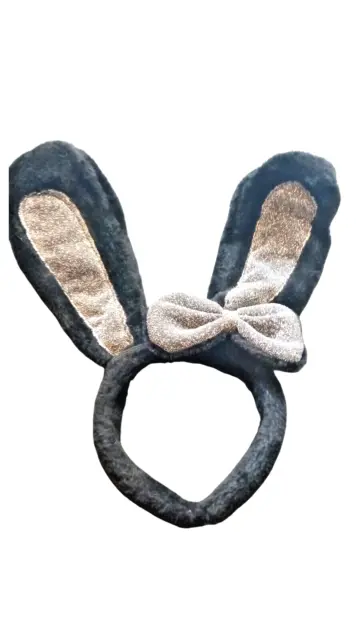 Black Gray Glitter Plush Bunny Rabbit Ears Headband With Bow Easter Headdress