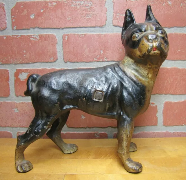 BOSTON TERRIER BULLDOG DOG Antique Cast Iron Doorstop Old Paint Unusual Version