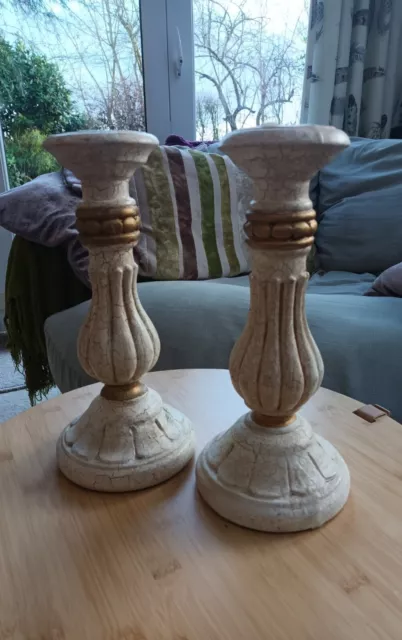 Pair Of Cream/gold Shabby Chic Crackle Wooden Corinthian Candlesticks