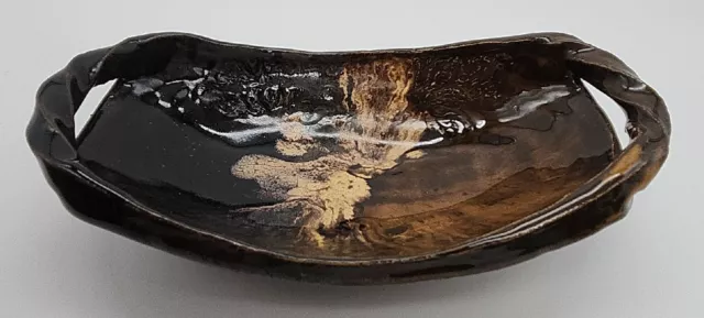 Signed Studio Art Pottery BOHO Oval Dish Bowl Brown Drip Glaze Twisted Handles