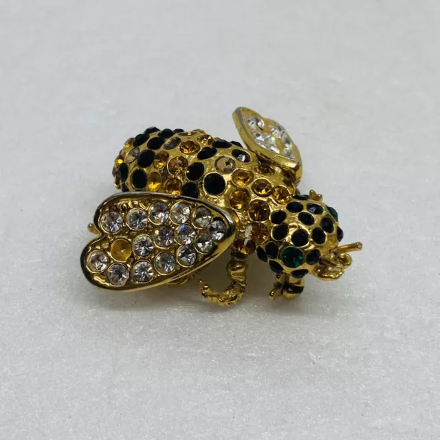 Vintage 1980s Brass Bumblebee Brooch Lapel Pin Colorful Rhinestones 2” Decor 18