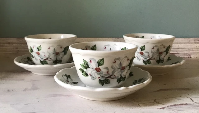 Syracuse China Vtg Dogwood Railroad Restaurant Ware 3 Soup Cups w/Underplates