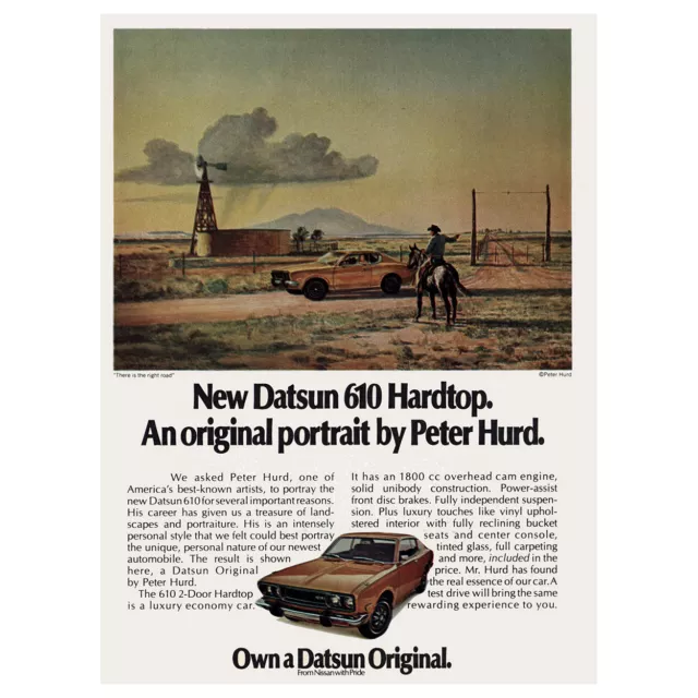 1973 Datsun 610 Hardtop: Original Portrait by Peter Hurd LG Vintage Print Ad