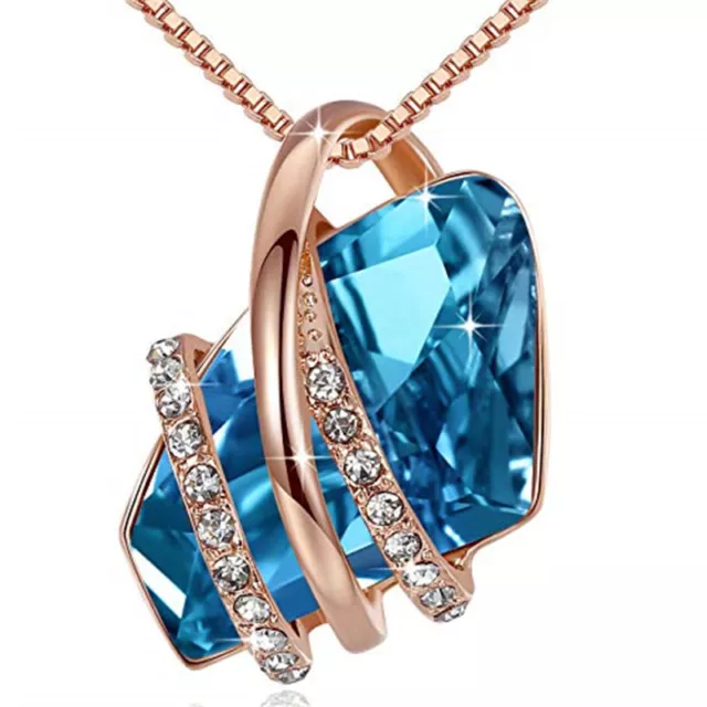 Ladies Fashion Rose Gold Plated Blue Crystal White Zircon Necklace Jewelry