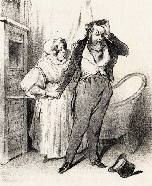 Antiker Druck-Robert Macaire-52-Überzeugende Familie, Geld zu leihen-Daumier-1840