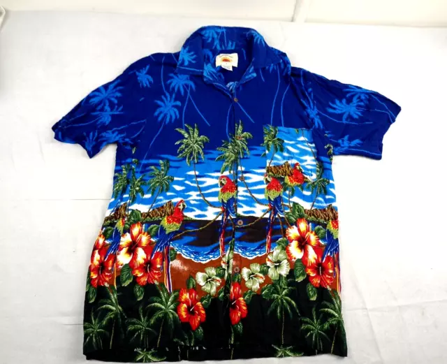 Vintage Sundrenched  Hawaiian Shirt Mens Size M Blue Rayon Tropical With Parrots