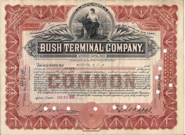 Bush Terminal Company stock certificate New York 1931 Less Than 100 Shares