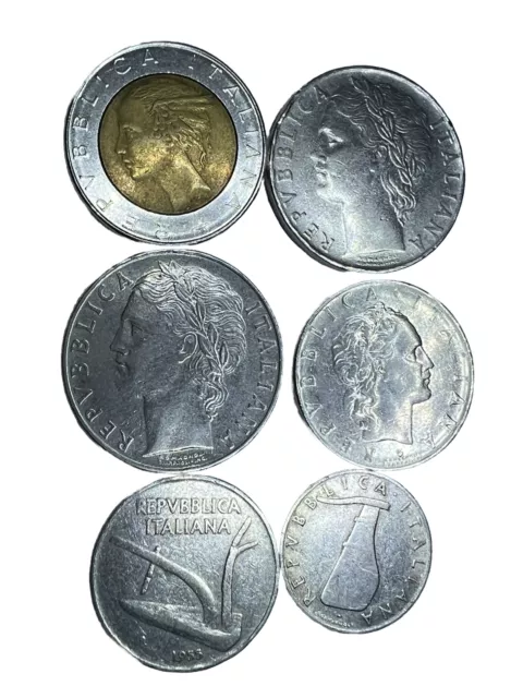 ITALY LIRES 6 OLD COINS $500-$100-$50-$10-$5 FROM 1954-1964 Extra 1984. VF