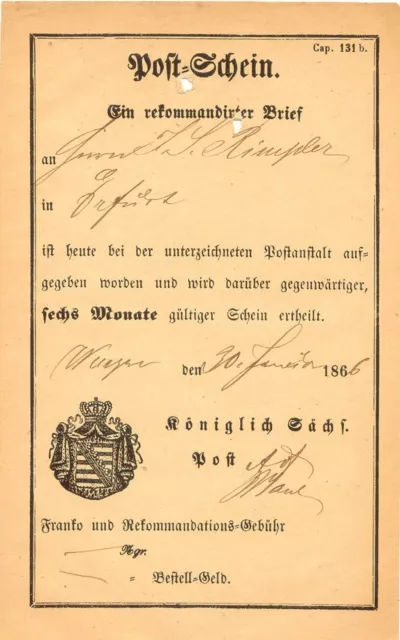 SACHSEN 1866 Postschein der Königlich Sächs. Post für "Ein Rekommandirter Brief"