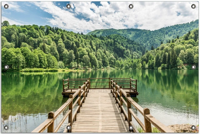 Wallario Garten Bakon Poster Zaun Sichtschutz wetterfest - Steg See Bergen Holz