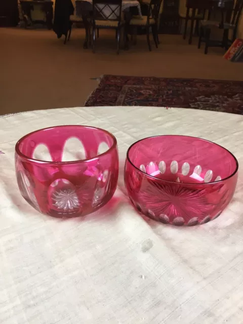 near pair antique cranberry cut glass finger bowls 5” too width 3” tall