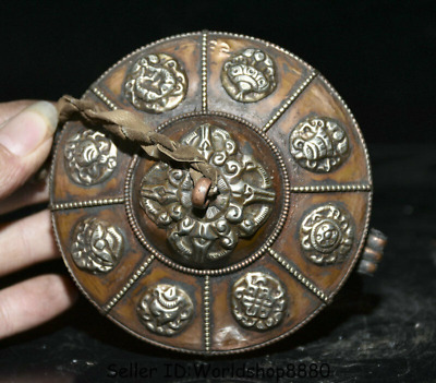 4.6"Old Tibet Buddhism Temple Bronze Copper 8 Auspicious Symbol Buddha Bell Faqi