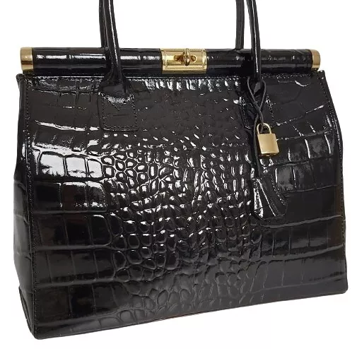 ECHT LEDER Tasche ital. Damen XL Handtasche Kroko Schwarz Lack KL300SL