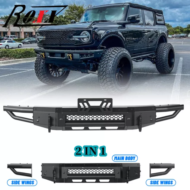 2 IN 1 Front Bumper+D-Ring Mount+License Plate Bracket For 2021-2023 Ford Bronco