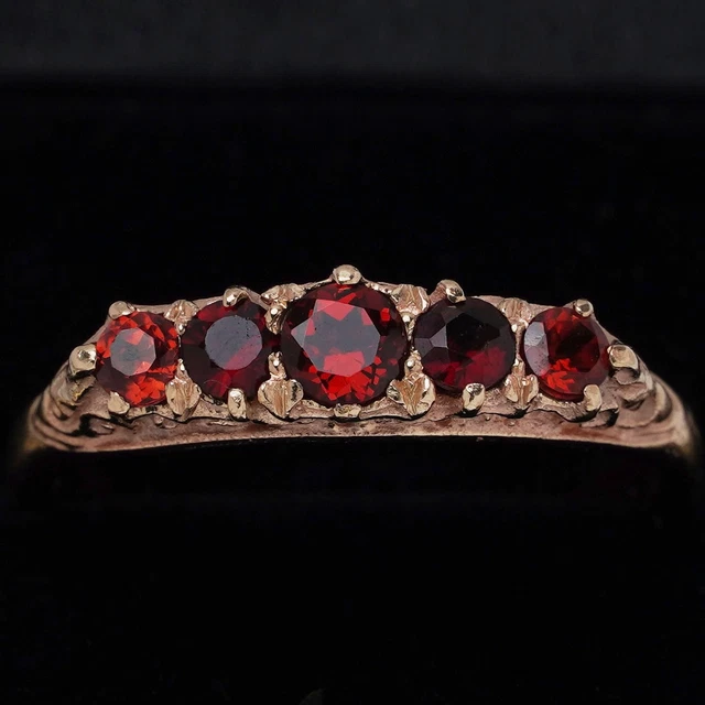 VINTAGE 9CT ROSE Gold Red Garnet Five Stone Bridge Ring Eternity Band S ...