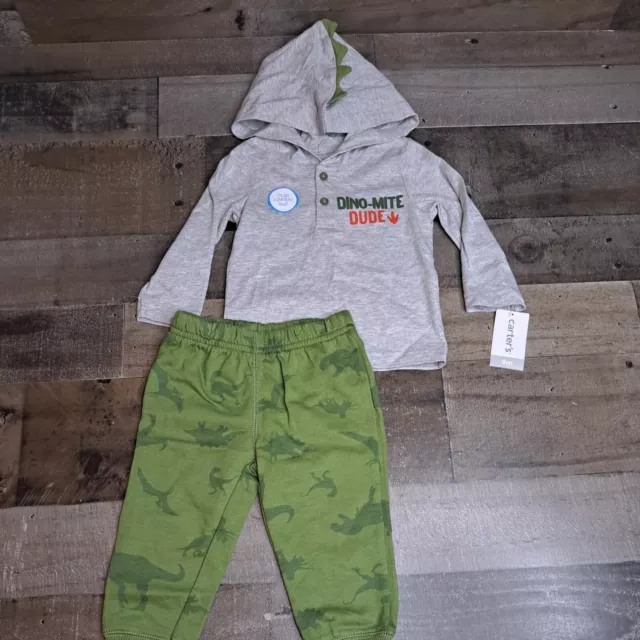 Carters Baby Boys 9 Month Dinosaur Outfit Hooded Henley Dino-mite Dude 2 Pieces