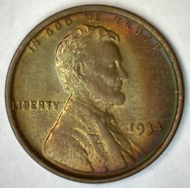 1934 Lincoln Wheat Cent Coin 1c US Penny Uncirculated Toned Red Orange Green Yel
