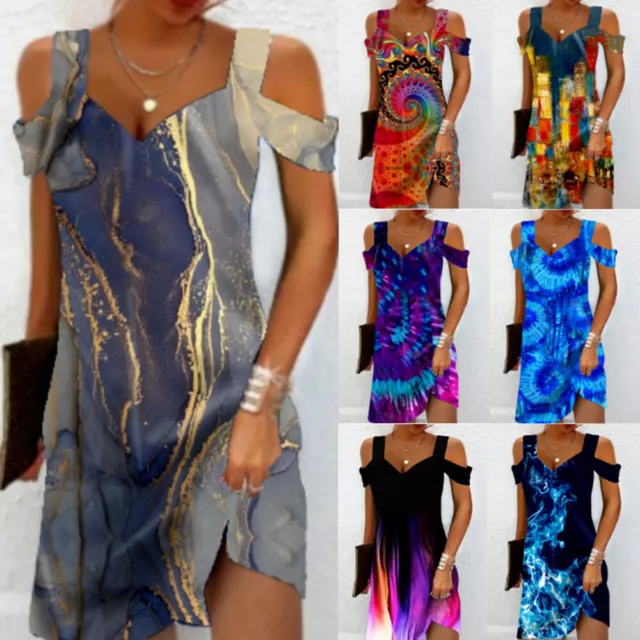 Uk Womens Cold Shoulder V Neck Print Dress Ladies Summer Boho Sundress Plus 《 2