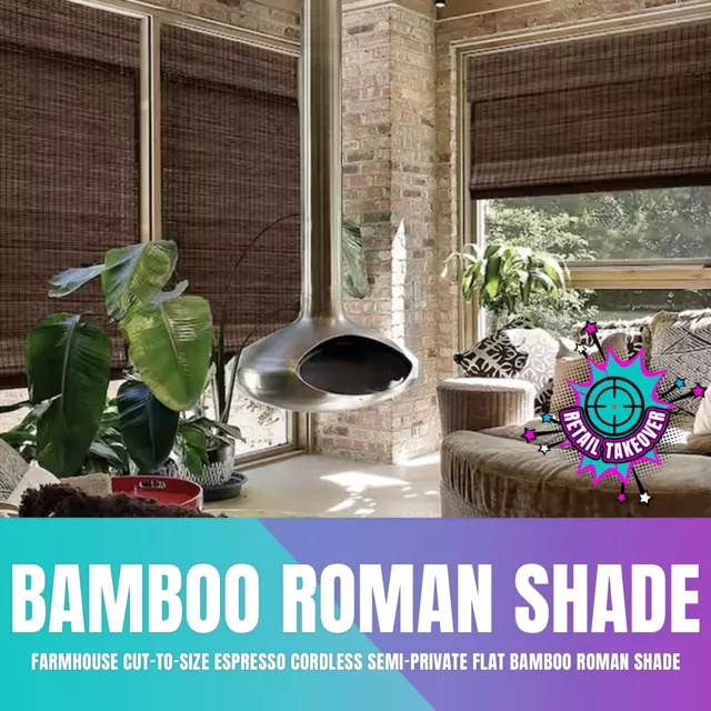 Farmhouse Cut-to-Size Espresso Cordless Semi-Private Flat Bamboo Roman Shade