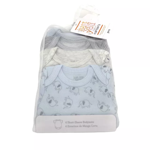 Carter's Baby Boy Size Preemie Short Sleeve Bodysuits 4 Pack Blue/Gray Elephant