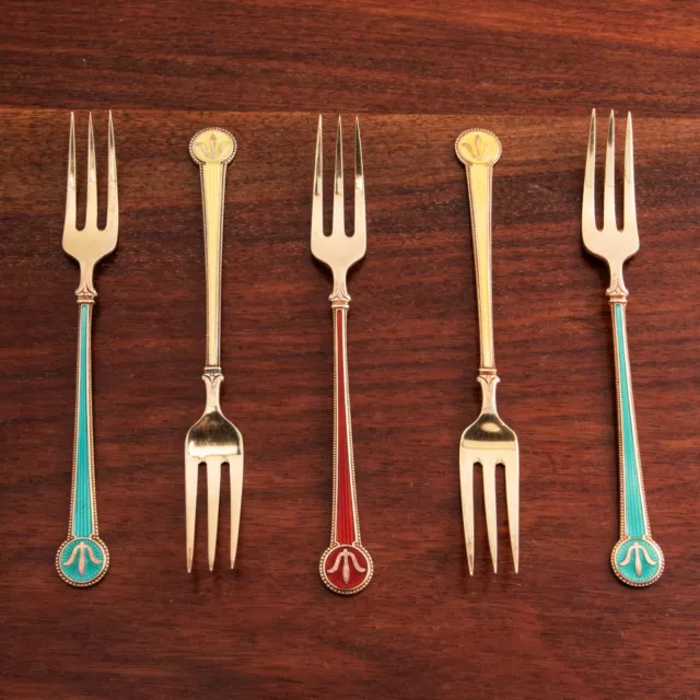 5 David Andersen Norwegian 925S Gilt Enamel Guilloche Three Pronged Forks