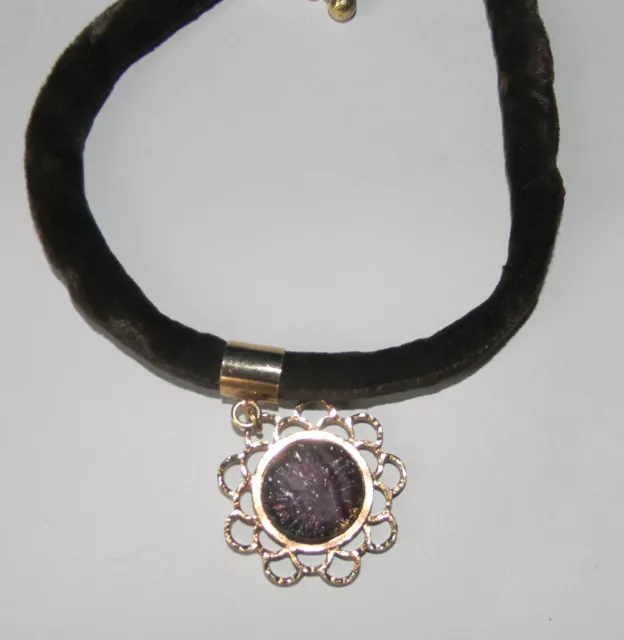 Beautiful Velvet Cord Gold Pendant Molded Amethyst Glass Adjustable Necklace