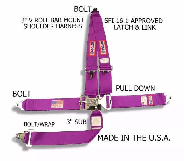 Rjs Sfi 16.1 Latch & Link 5 Pt Harness V Roll Bar Mount Bolt In Purple 1126208