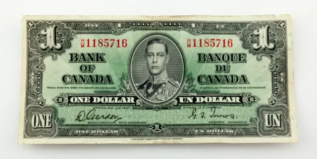 1937 Bank Of Canada Un Dollaro Banca Nota (F) Sottile Condizioni Scegliere #58d