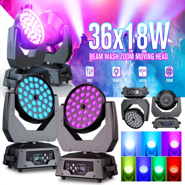 2x RGBW Beam36X18W Moving Head Bühnenlicht Zoom Spot Scheinwerfer DMX DJ Party