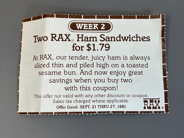 Vintage 1980’s RAX Restaurant ROAST BEEF Sandwich Food Redemtion Paper Coupon