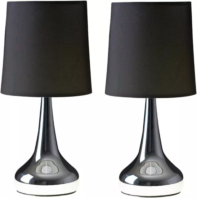 Pair of Modern Chrome Teardrop Touch Bed Side Table Lamps with Black Fabric Sha