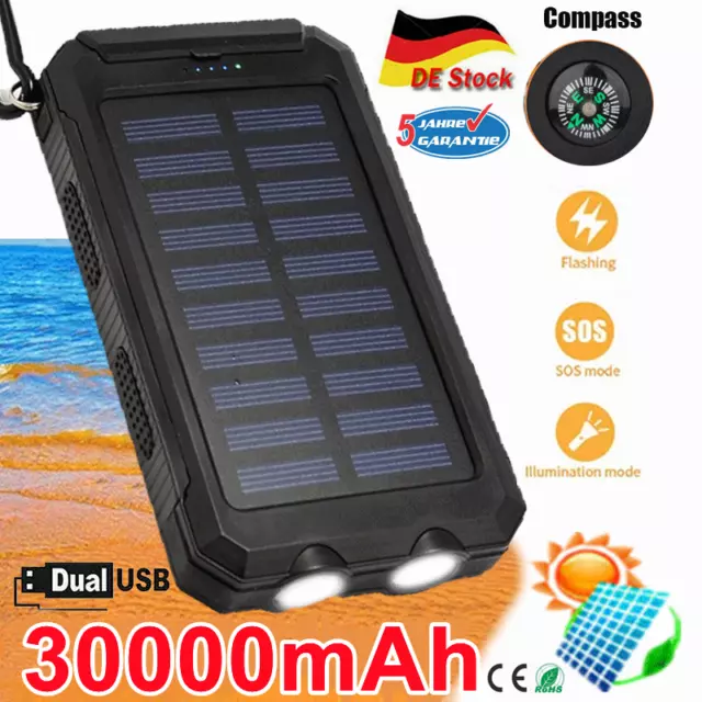 Tragbare Solar Power Bank 2 USB 30000mAh für Handys Externes Ladegerät Powerbank