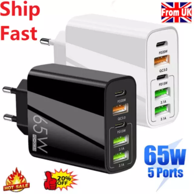 5 Ports 65W GaN Fast Charger USB-C PD Type C Plug Wall Charger Power Adapter UK
